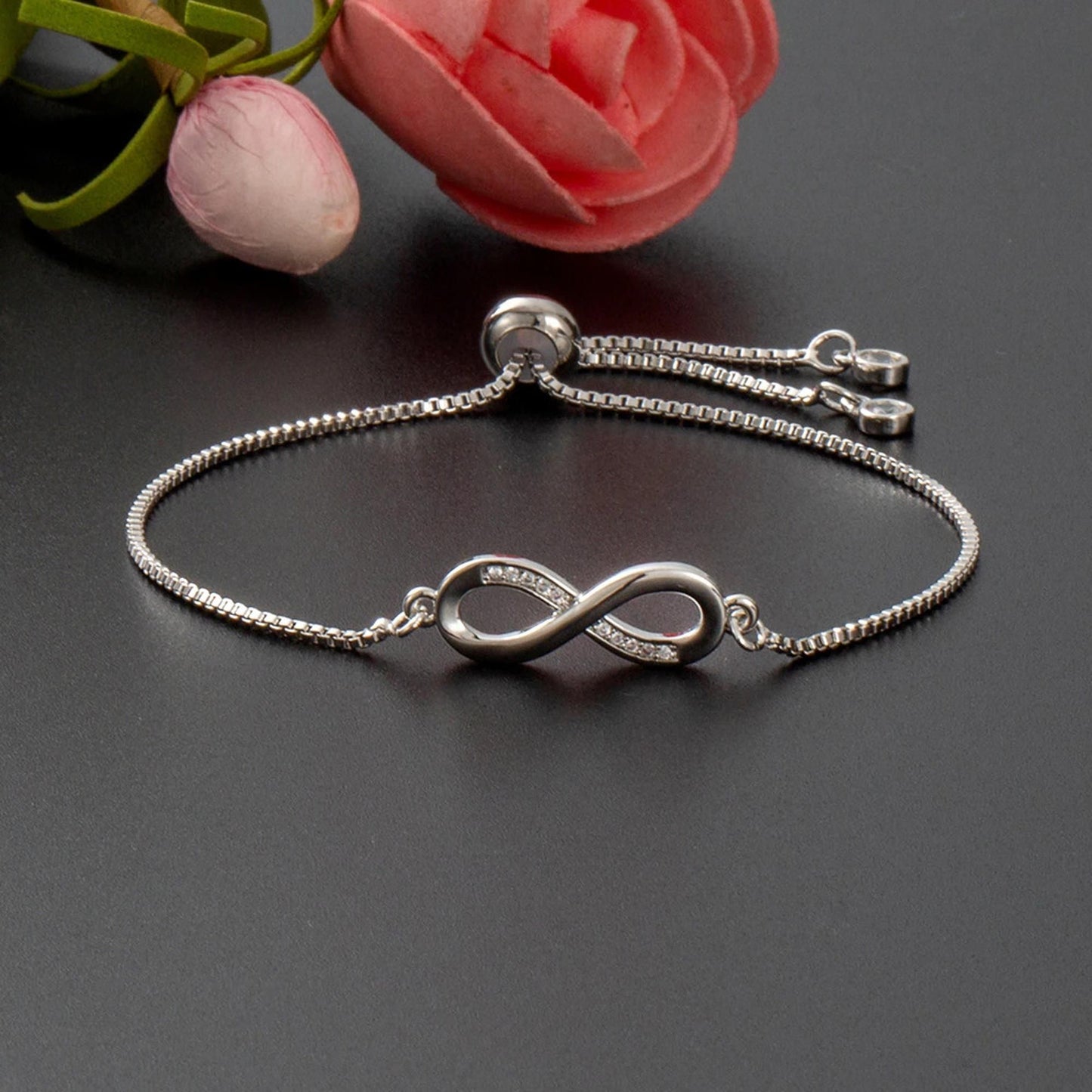 Fashion Frill Silver CZ Infinity Silver Adjustable Bracelet For Women